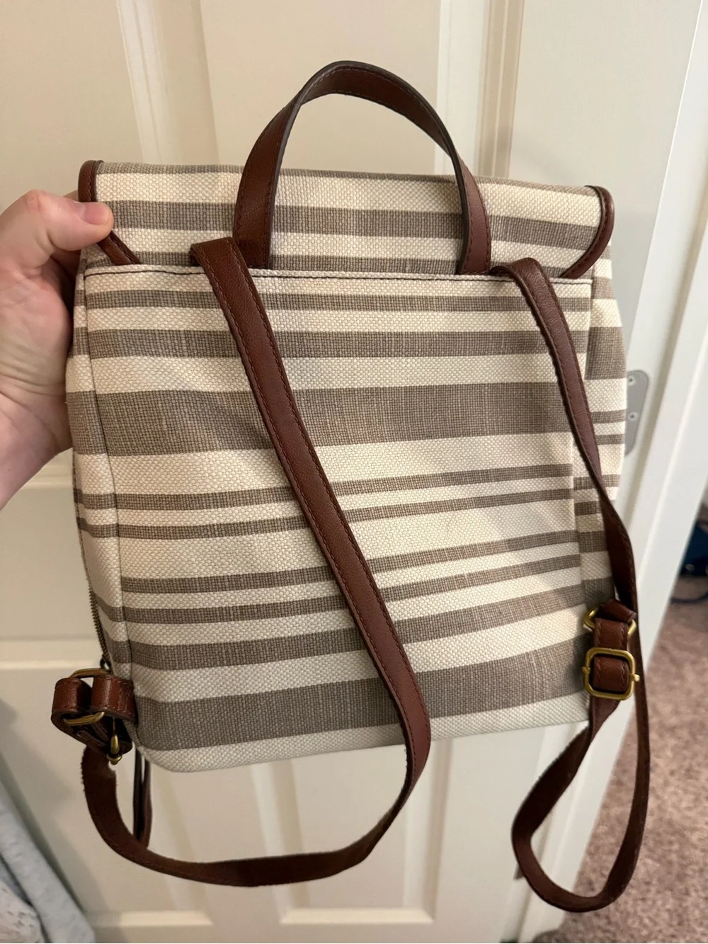 Fossil Cream & Brown Striped Canvas Backpack